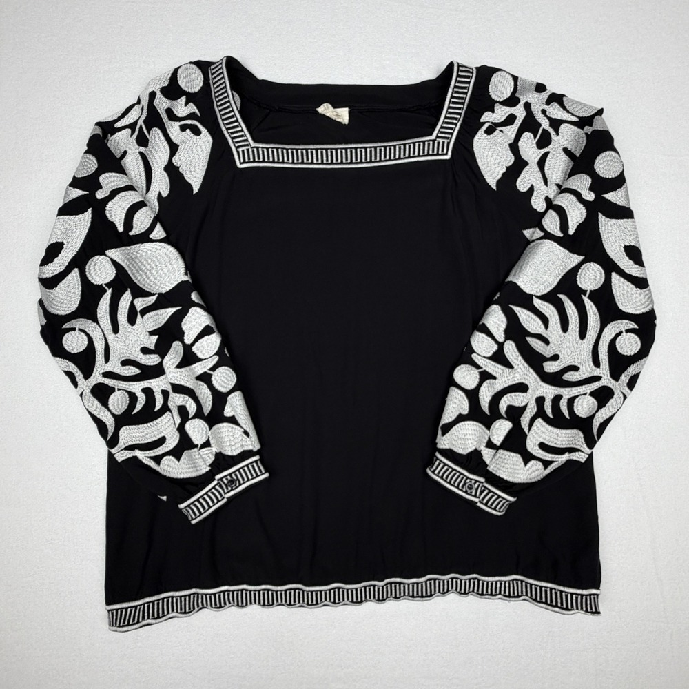 Layers Clothing Womens XL Black White Embroidered Floral Peasant Blouse Top